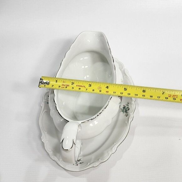 Crown Bavaria Gravy Boat w Attached Underplate Germany Silver Trim Bouquet - Picture 3 of 10